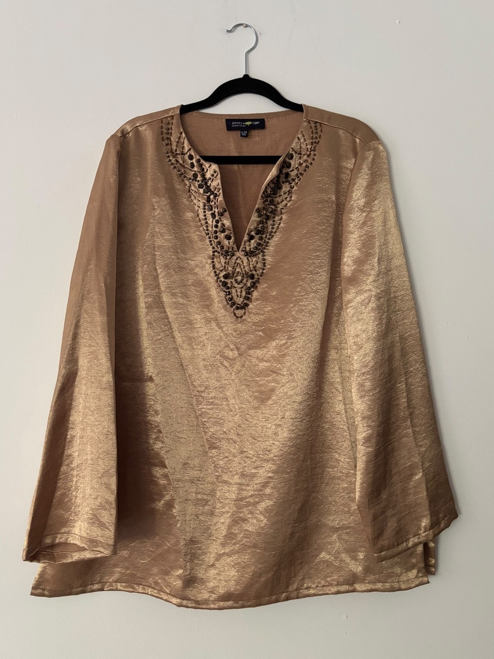 Jones New York Signature Womens Tunic Top XL Gold Metallic Beaded Split Neck
